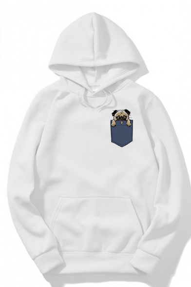 Cute Cartoon Dog Embroidered Pocket Patch Long Sleeve Loose White Drawstring Hoodie