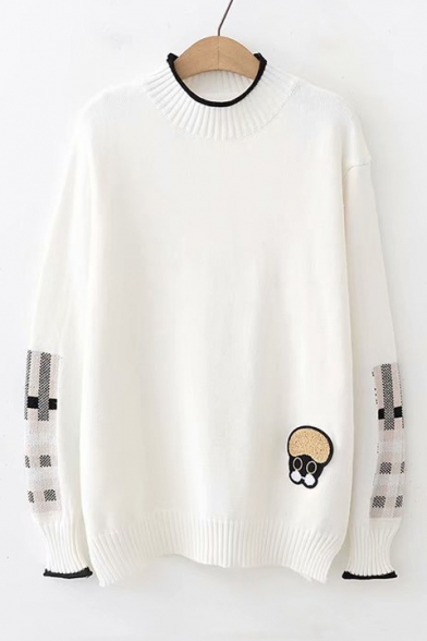 Cute Cartoon Patched Mock Neck Long Sleeve Loose Casual Pullover Sweater
