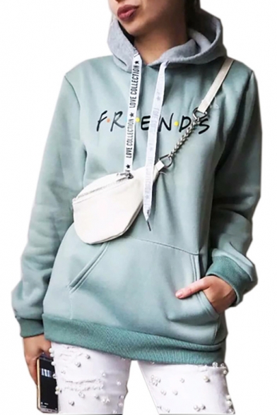 Fashion Colorblock Dot Letter FRIENDS Print Long Sleeve Loose Fitted Hoodie