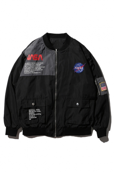 Hip Hop Style Fashion NASA Logo Patched Long Sleeve Zip Up Unisex Jacket