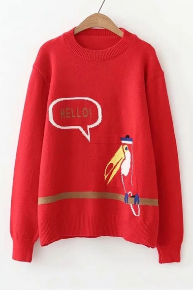 Letter HELLO Bird Printed Crewneck Long Sleeve Pullover Sweater