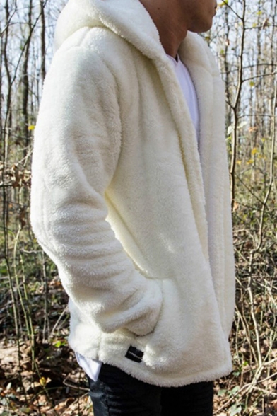 Simple Loose Long Sleeve Plain Zip Placket Hooded Fleece Coat for Men
