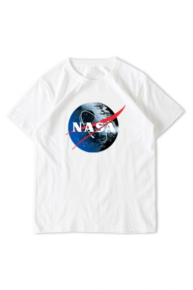 

White Round Neck Short Sleeve Fashion NASA Letter Logo Print Casual T-Shirt, LC493820