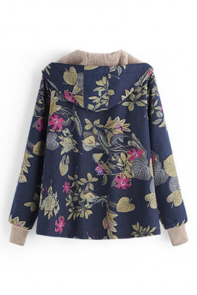 Winter's New Stylish Floral Printed Long Sleeve Hooded Button Down Cotton Coat