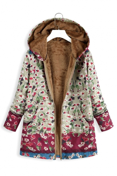 

Winter's New Trendy Floral Printed Long Sleeve Hooded Zip Up Longline Coat, Blue;green