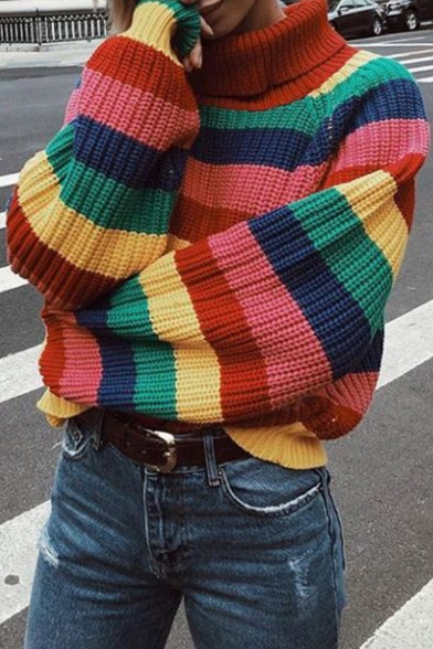 Women's Winter Fashion Colorful Striped Color Block Turtleneck Red Sweater