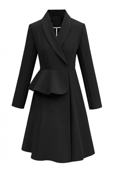 Autumn New Stylish Overlay Front Lapel Collar Long Sleeve Solid Longline Trench Coat