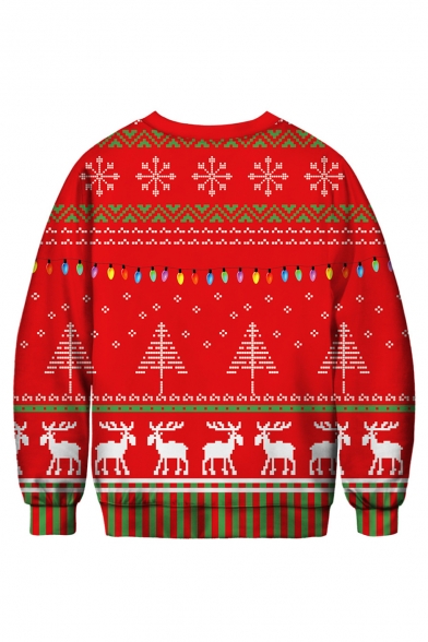 Classic Snowflake Deer Pattern Round Neck Long Sleeve Regular Fitted Sweatshirt