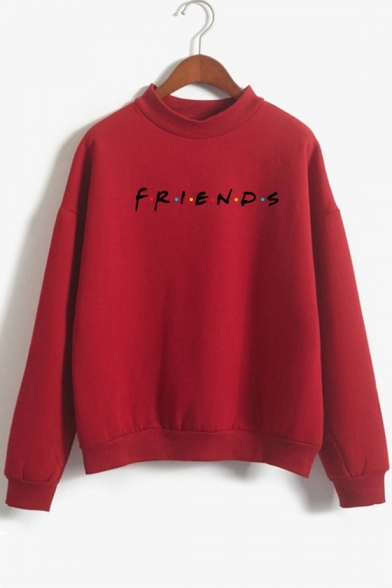 Colorful Dot Letter FRIENDS Printed Mock Neck Long Sleeve Pullover Sweatshirt