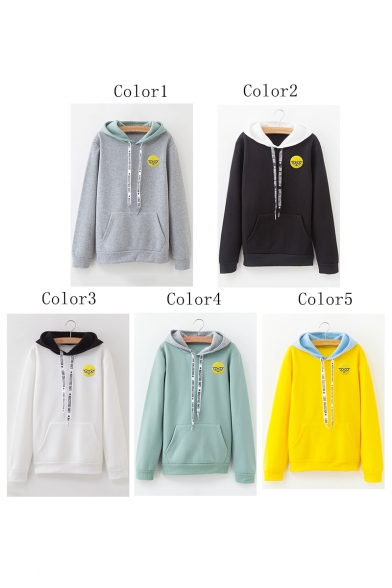 Cute Cartoon Emoji Pattern Letter Ribbon Casual Long Sleeve Hoodie