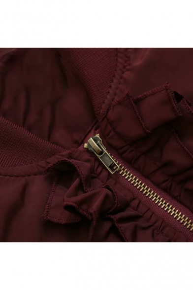 Dark Red Striped Print Long Sleeve Stand Collar Ruffled Zip Up Baseball Jacket