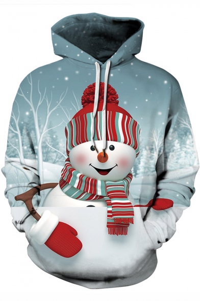 Digital Christmas Snowman Pattern Long Sleeve Blue Loose Fit Hoodie