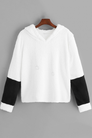 Fashion Black and White Color Block Long Sleeve Winter's Fleece Hoodie