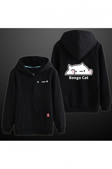 Fashion Letter BONGO CAT Cartoon Printed Color Block Zip Up Black and White Hoodie
