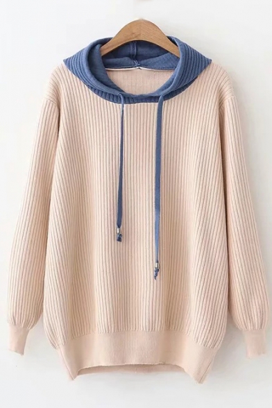 Fashion Two-Tone Long Sleeve Hooded Regular Fit Sweater