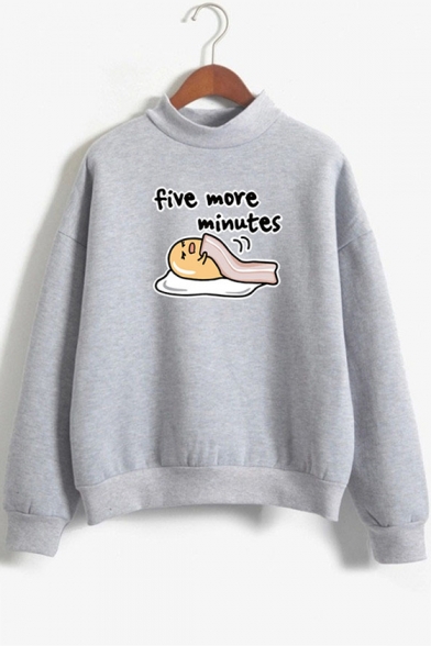 Funny Cartoon Letter FIVE MORE MINUTES Printed Long Sleeve Mock Neck Hoodie