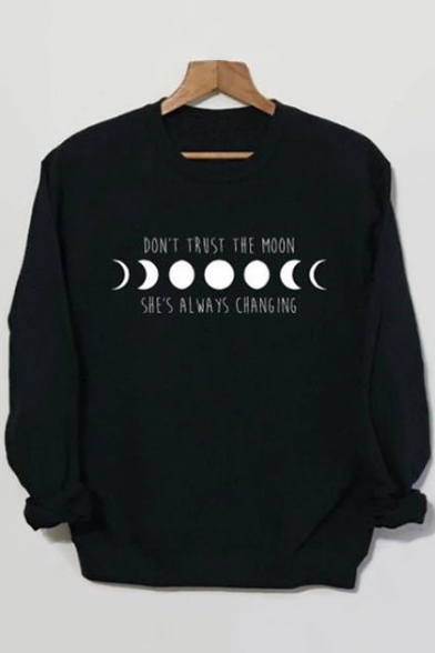 Funny Letter Moon Pattern Crew Neck Long Sleeve Pullover Black Sweatshirt