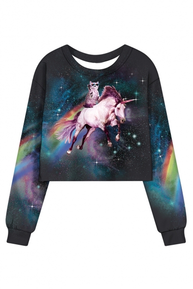 Galaxy Unicorn Cat Printed Long Sleeve Round Neck Navy Cropped Sweatshirt