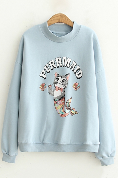 Girls' Lovely Cartoon Cat Pattern Long Sleeve Crew Neck Pullover Sweatshirt