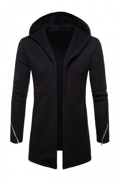 Men's Autumn Fashion Solid Long Sleeve Zip Embellished Open Front Hoodie