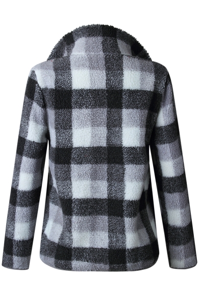 Stylish Check Printed Long Sleeve Stand Collar Zip Up Fleece Sweatshirt