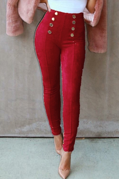 Unique Button Embellished Solid Skinny Fitted Corduroy Pants for Women