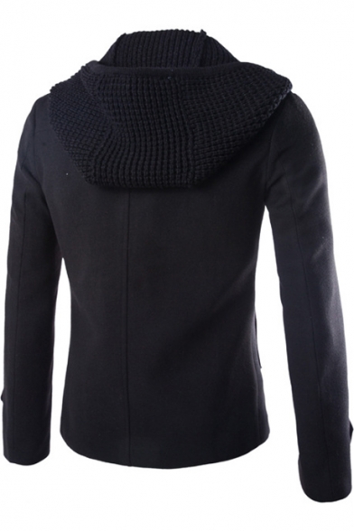 Unique Knit Detachable Hooded Long Sleeve Double Breasted Woolen Coat for Men