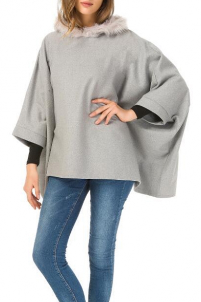 Winter's Fur Hood Asymmetrical Hem Oversized Woolen Cape Coat for Women