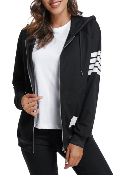Women's Casual Sports Classic Striped Long Sleeve Zip Up Loose Hoodie