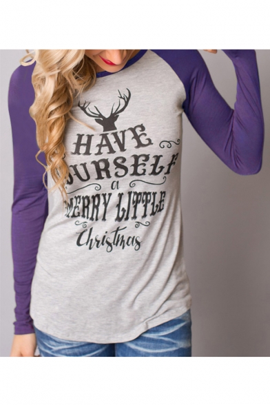 Christmas Fashion Letter Color Block Long Sleeve Round Neck Fitted T-Shirt