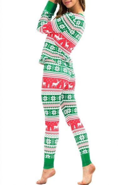 Christmas Snowflake Deer Pattern Long Sleeve V Neck Top Green Sleepwear Co-ords