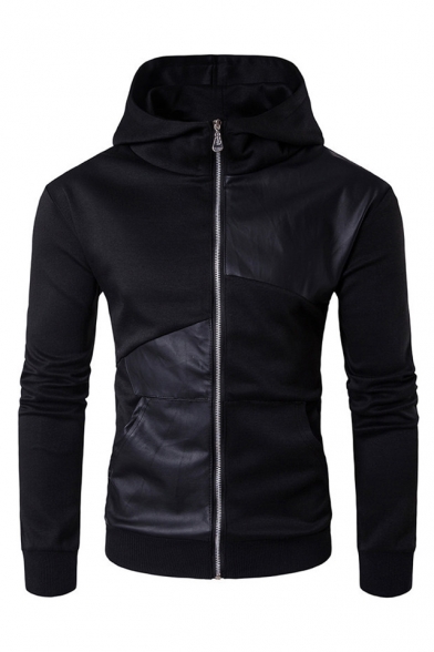 Hooded Long Sleeve Trendy PU Patched Slim Fitted Black Zip Up Coat