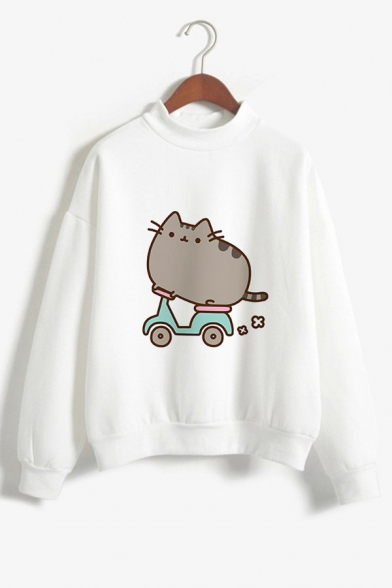 Hot Fashion Letter HAPPY BIRTHDAY I LOVE YOU Cartoon Cat Print Mock Neck White Sweatshirt