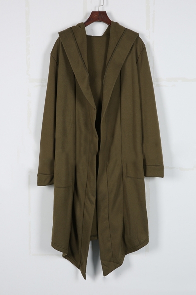 Hot Popular Long Sleeve Plain Hooded Open Front Longline Coat