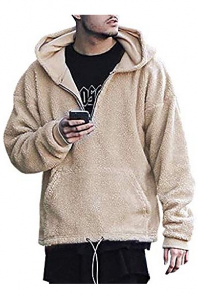 Long Sleeve Zip Up Solid Fleece Stylish Loose Fitted Hoodie