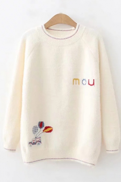 Lovely Cartoon Balloon Car Letter Embroidered Round Neck Long Sleeve Sweater
