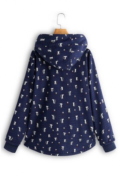 Lovely Cartoon Cat Printed Long Sleeve Hooded Winter Cotton Coat