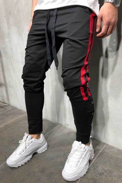 Men's Fashion Colorblock Striped Side Drawstring Waist Button Embellished Tapered Pants