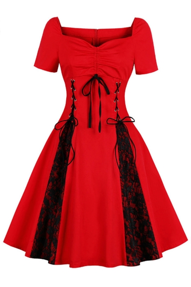 New Arrival Gothic Style Lace Up Off The Should Short Sleeve Lace Patch Midi A-Line Dress