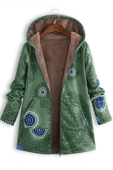 New Trendy Geometric Printed Long Sleeve Hooded Zip Up Fleece Coat