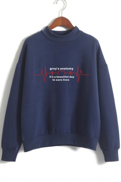 New Trendy GREYs ANATOMY Electrocardiogram Pattern Mock Neck Long Sleeve Unisex Sweatshirt