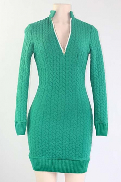 Popular Simple Solid Long Sleeve V Neck Mini Sheath Kit Dress