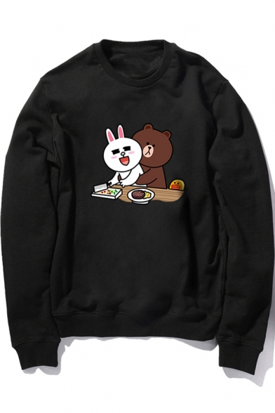 Round Neck Long Sleeve Cute Cartoon Rabbit Bear Printed Cotton Sweatshirt