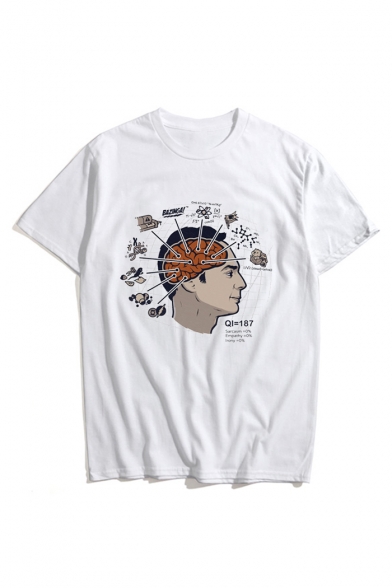 Short Sleeve Round Neck Men's Head Printed White Cotton T-Shirt