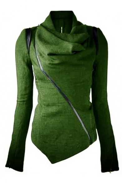Trendy Cowl Neck Contrast Sloping Zip Front Long Sleeve Asymmetric Hem Coat