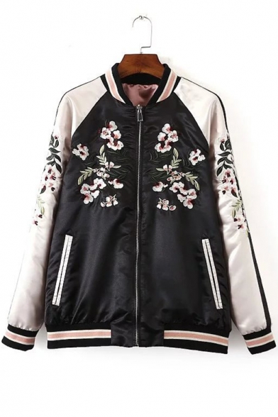 Trendy Long Sleeve Stand Collar Color Block Floral Embroidered Zip Up Reversible Baseball Jacket