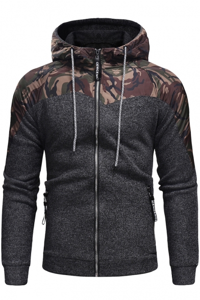 

Unique Camo Color Block Long Sleeve Slim Fitted Letter Printed Zip Front Hoodie, Gray;army green, LC493863