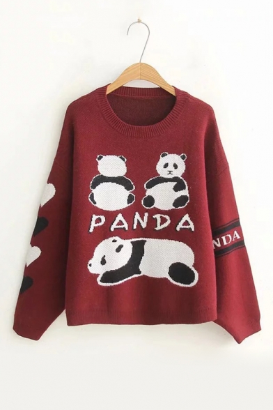Winter's Cartoon Panda Printed Long Sleeve Round Neck Loose Fitted Sweater