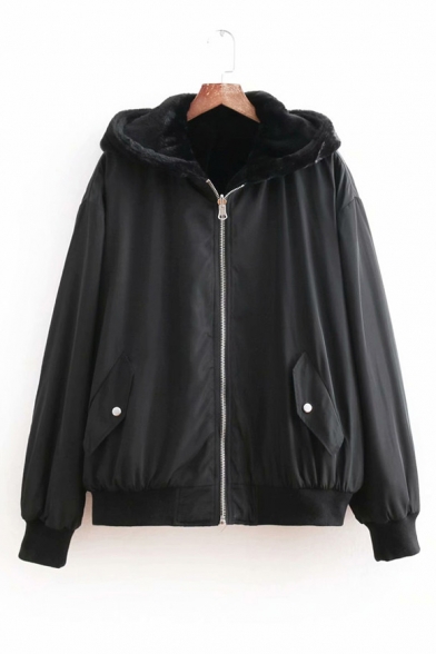 Winter's Long Sleeve Simple Solid Hooded Zip Up Casual Coat