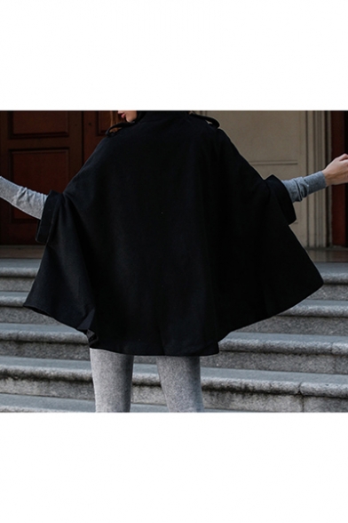 Winter's Trendy Black Stand Collar Button Front Woolen Cape Coat